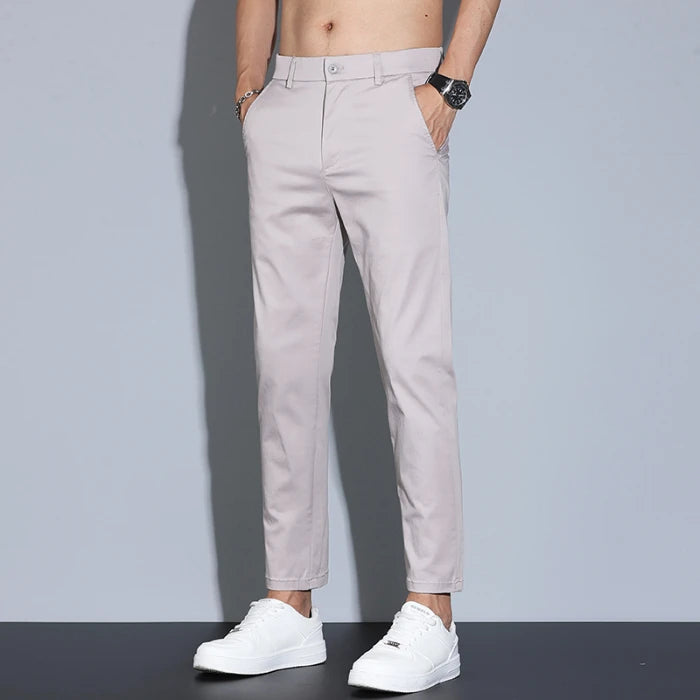 High Quality Summer Men's White Ankle Length Casual Pants 97%Cotton Breathable Straight Business Slim Work Chino Trousers Man