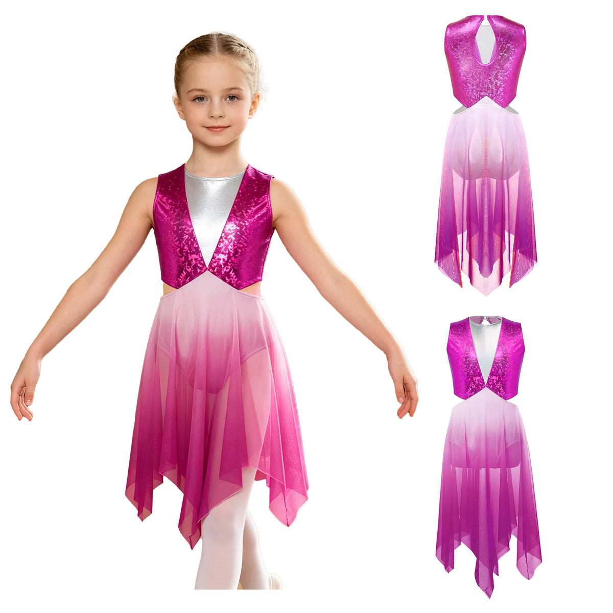 Kids Girls Modern Lyrical Dance Dress Liturgical Worship Praise Church Choir Robe Shiny Sequins Bodice Sheer Mesh Tunic Dresses