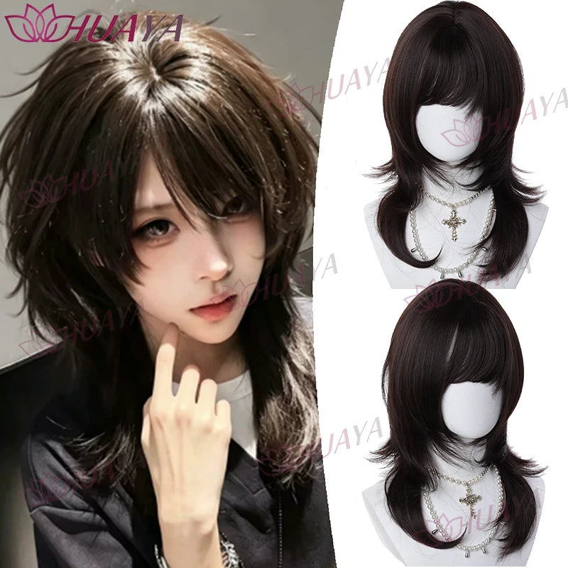 Women Synthetic Hair Wig, Natural Black Wolf Cut with Bangs, 14 Inches High Layered Mullet Hairstyle Wig, Unisex for Men and Wom
