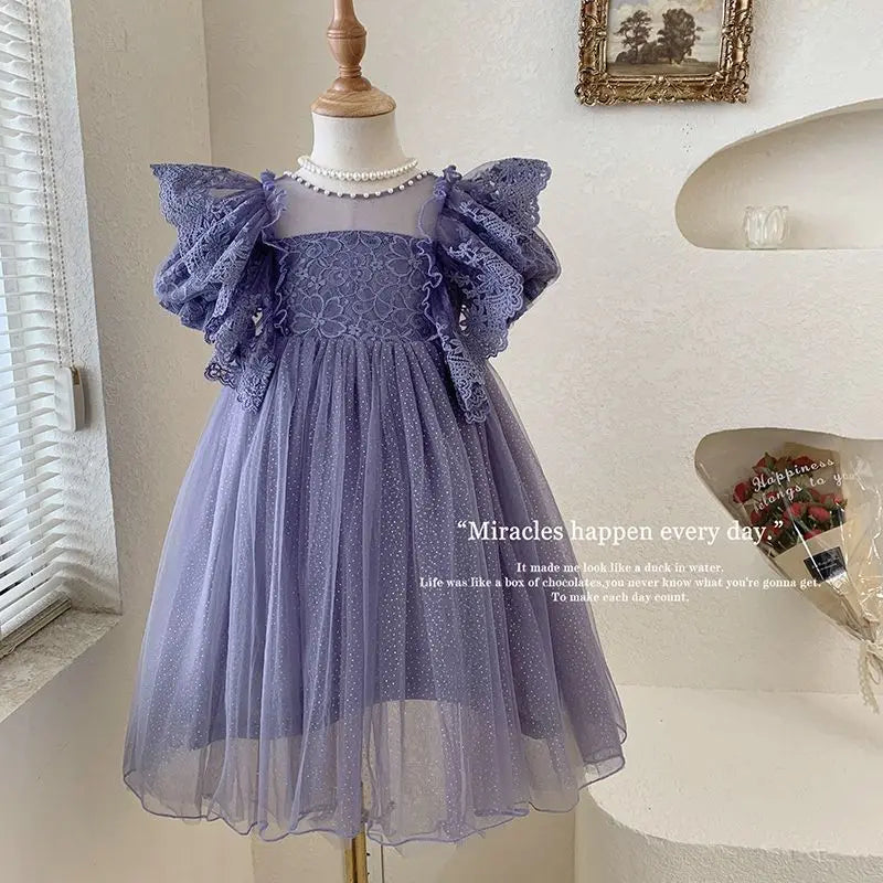 Kids Princess Dress 2-12Y Summer Lace Tulle Formal Gown Girls Elegant Birthday Party Vestidos New Children Sweet Clothing