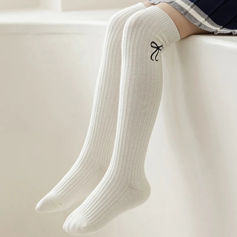 Baby Children Korean Knee High Long Socks for Girls Sweet White Bow Jacauard Cotton Legging Stocking School Sock for Kids Tights