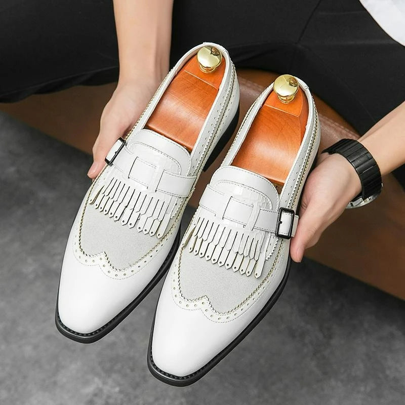 Men Loafers Business Dress Shoes British Style Leather Brogue Shoes Slip on Office Leather Shoes Handmade Pointed Toe Men Flats
