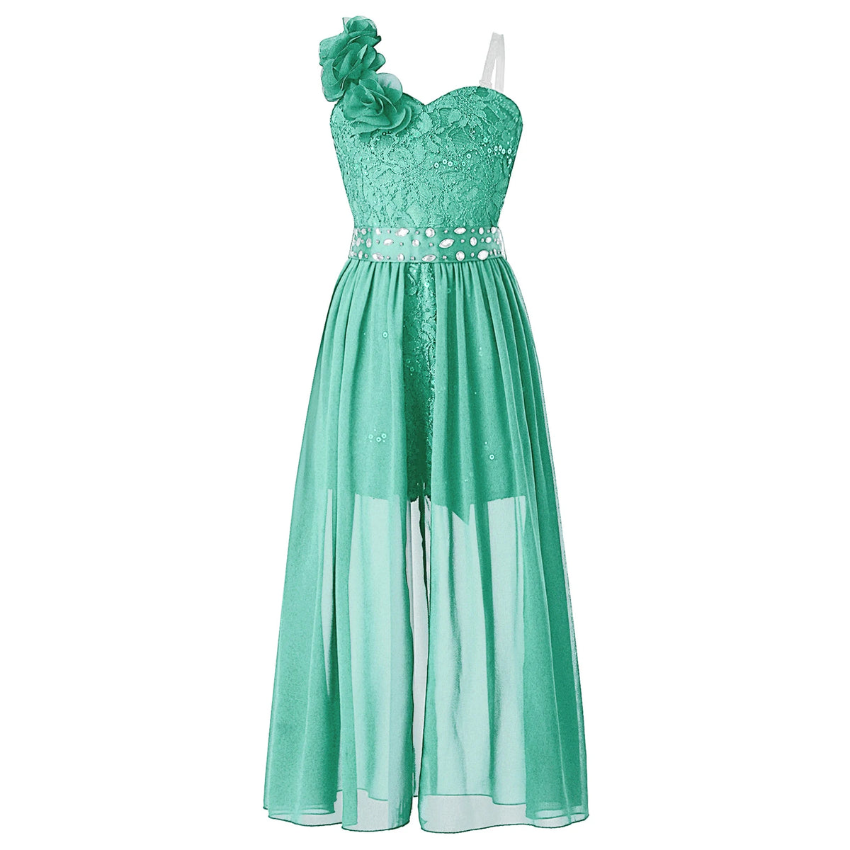 Kids Girls Elegant Party Dress Shiny Sequin Beaded Applique Lace Chiffon Jumpsuit Dress for Wedding Birthday Prom Pageant Evenig