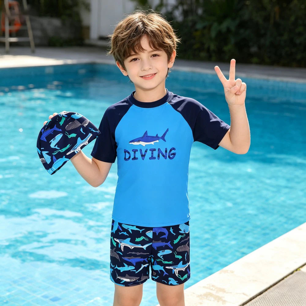 Kids Shark Print Swimwear Set 3Pcs Boys Short Sleeve Rash Guard Swimsuit + Trunks + Hat Children Beachwear Boys Bathing Suit