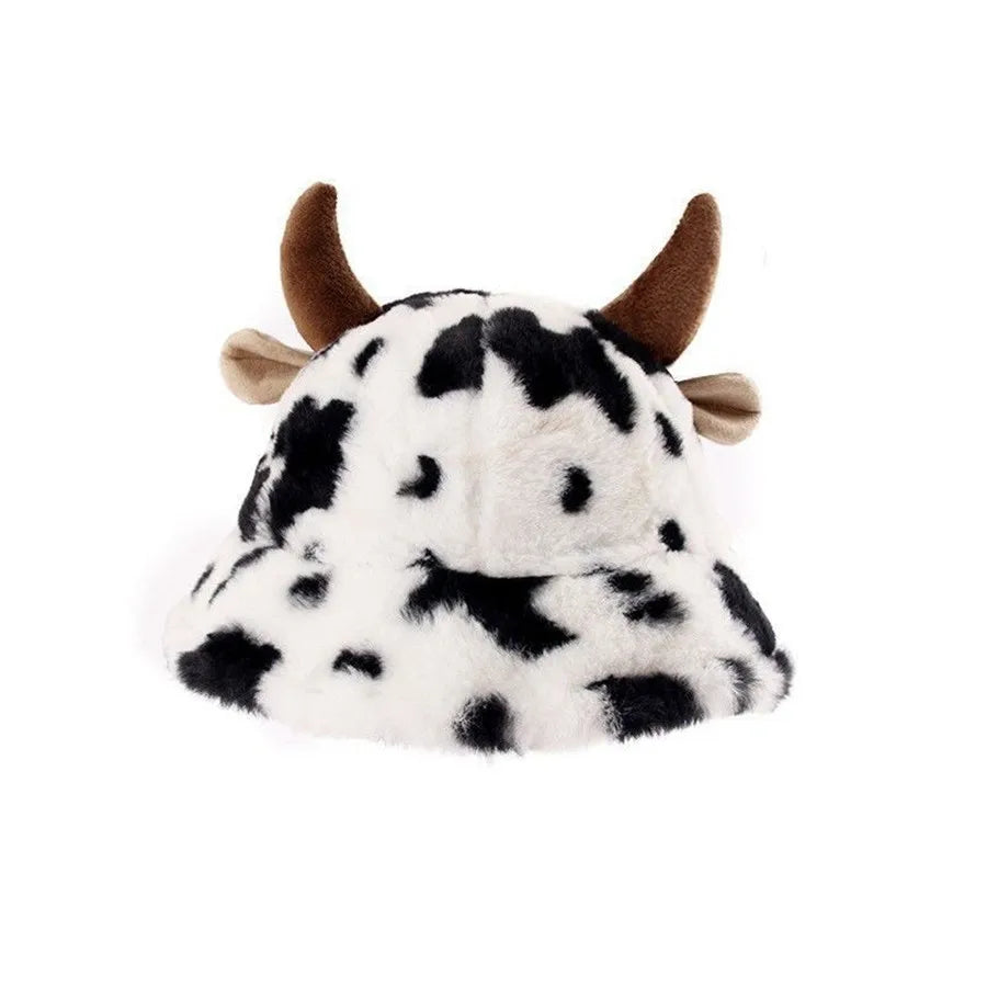 Women's Cow Print Horn Fisherman Hat - Korean Style, Fleece-Lined, Thickened & Warm Bucket Hat for Winter