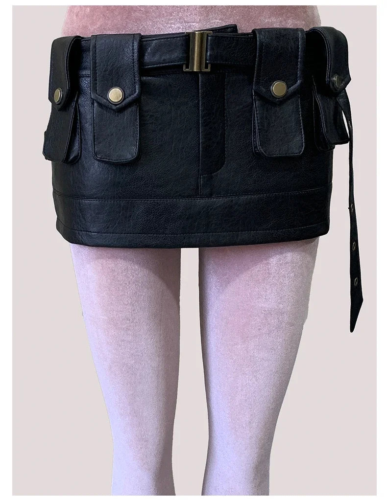 Spring Summer Brown Pu Leather Mini Skirt Women Three-dimensional Pockets Luxury Designer Vintage Emo Clothes Runway Fashion