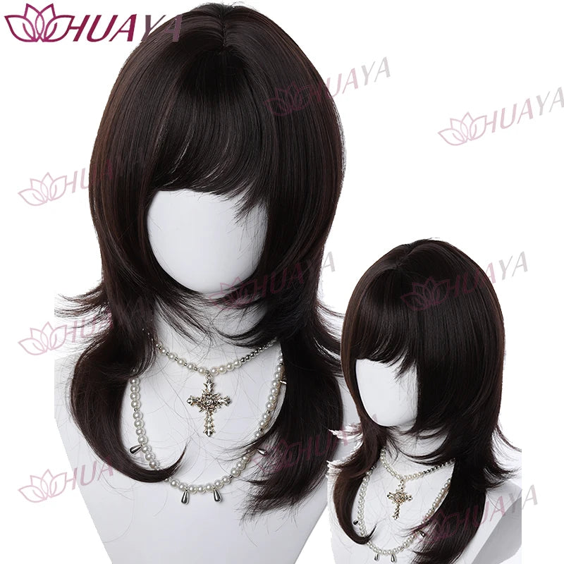 Women Synthetic Hair Wig, Natural Black Wolf Cut with Bangs, 14 Inches High Layered Mullet Hairstyle Wig, Unisex for Men and Wom