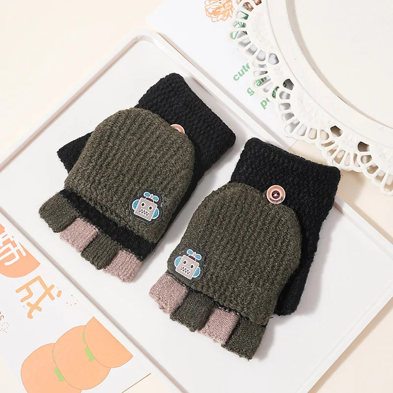 Children's Warm Gloves for Boys and Girls Cartoon Cute Half Finger Knitted Winter Flip Cover Baby Thick Cold Proof Five Fingers