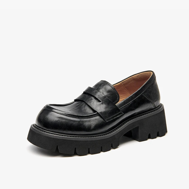 BEAUTODAY Platform Loafers Women Embossing Cow Leather Dress Shoes  Ladies Slip-on Flats Spring Autumn Handmade 26635