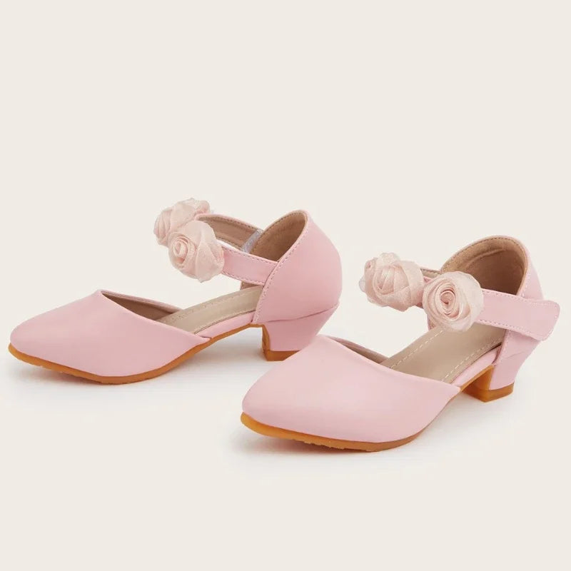 Summer New Fashion Children's Leather Shoes Rubber Soles Anti Slip Pointed-toe High Heels Flower Girls' Princess Sandals
