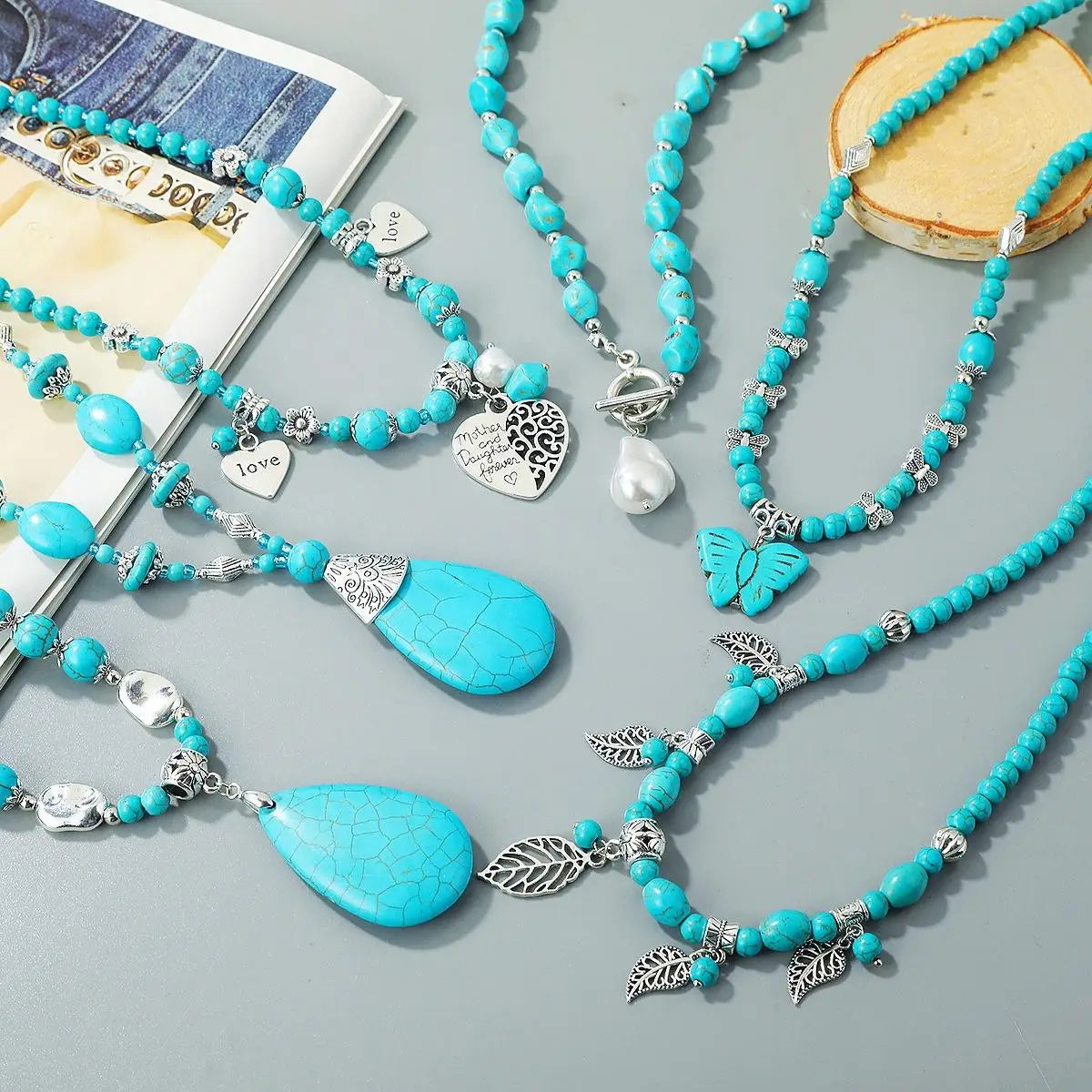 Available Necklace for Women Natural Turquoise Beaded Jewelry Double Teardrop Pendant Turquoise Beautiful Elegant Necklace