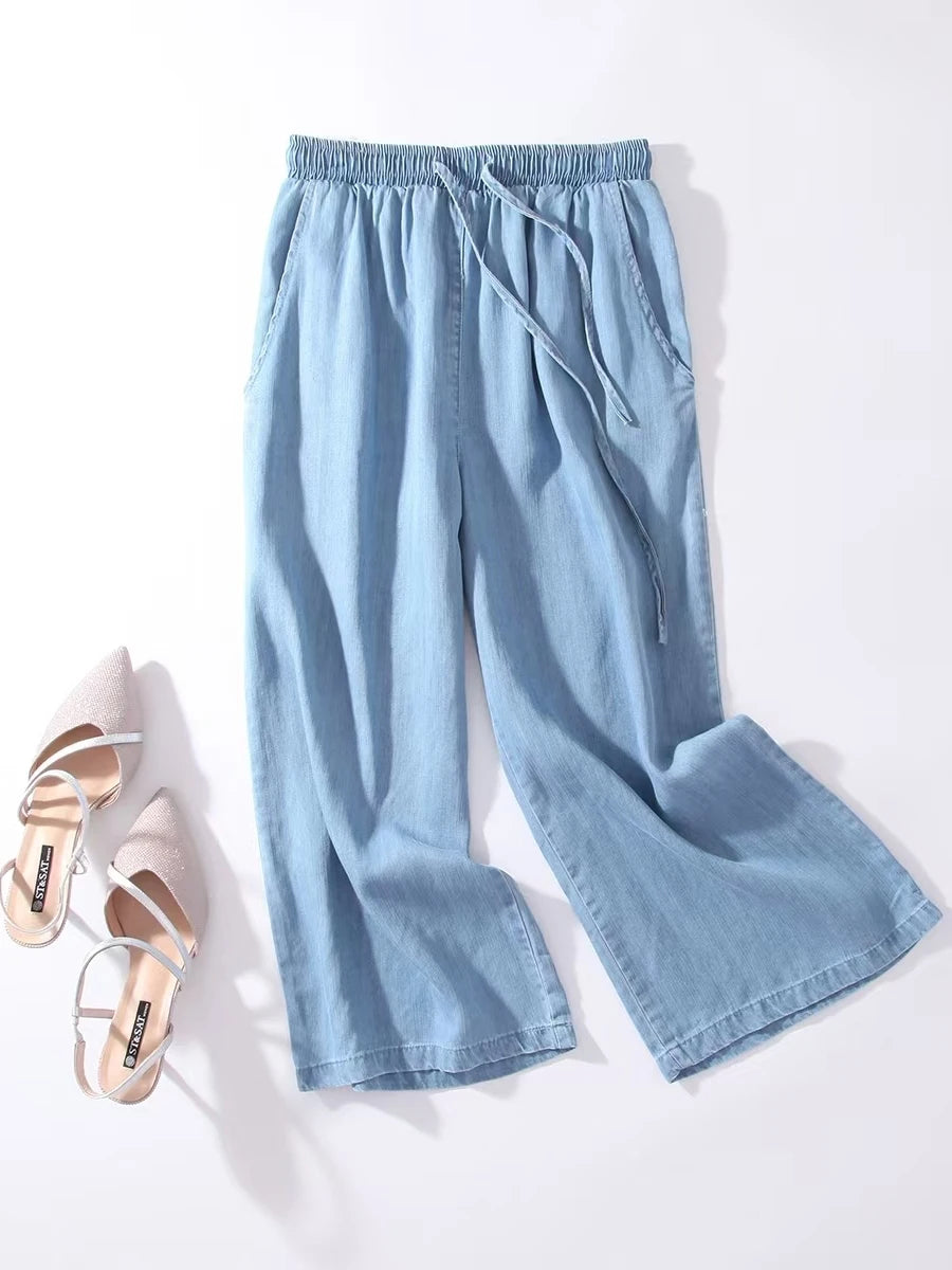 Summer High Waist  Ice Silk Elastic Straight Leg Jeans Loose Wide Leg Nine Pants Women's plus Size Loose Fit Trousers