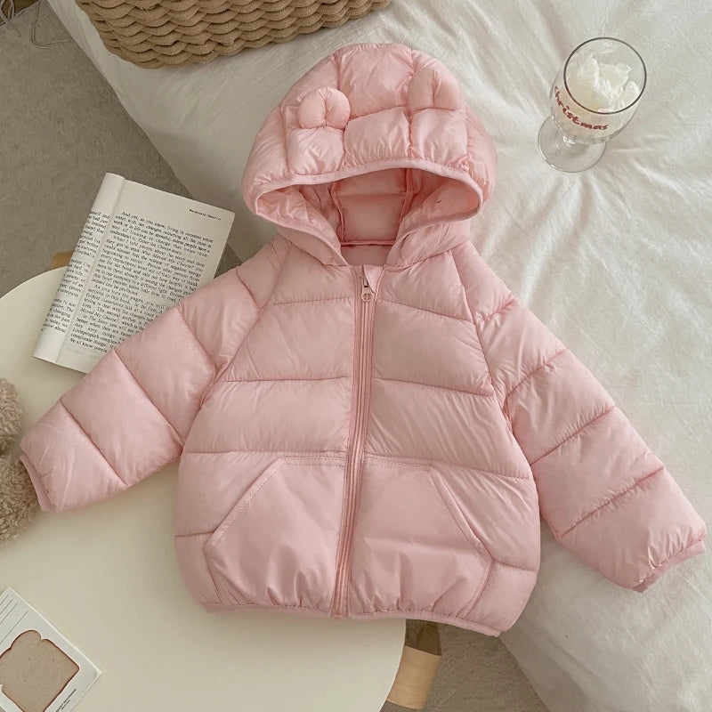 Kids Baby Lightweight Short Down Cotton Jacket Boys Girls Solid Loose Hooded Zipper Coats Autumn Winter Cotton-padded Outerwear