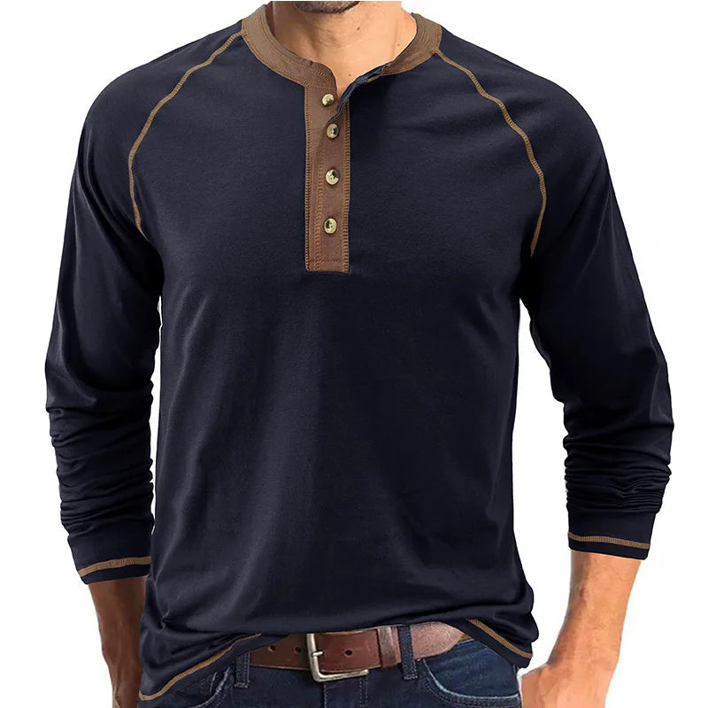 New Men's Long Sleeve Cotton T shirts Men Fashion Henry Collar T shirt Spring Autumn Patchwork Tops Tees Brand Men Clothing 2025