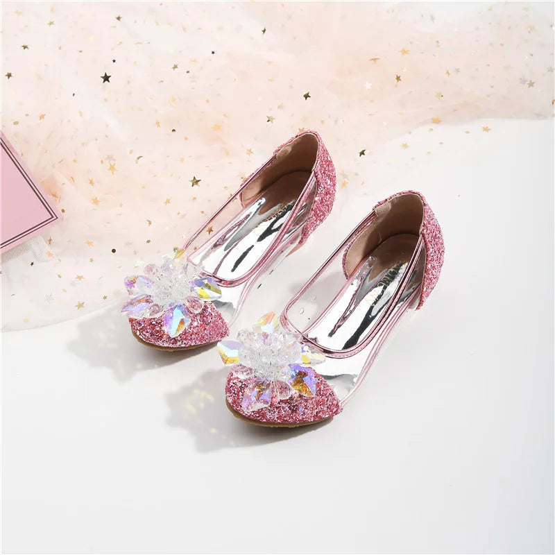 Pink Blue Princess Dance Shoes for Girls Low Heels for Kids Birthday Party Glitter Crystal Diamond Shoe Child Gown Leather Shoes