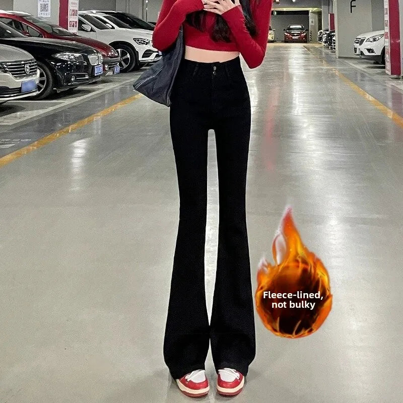 Fce Lined Thiened Autumn Winter American Sle High Waist Slim Fit Drapey Micro Flared Jeans Women's Premium Denim Pants