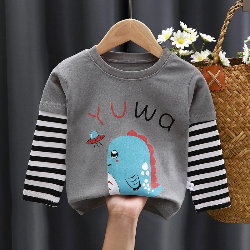 Kids Spring Autumn Long Sleeve Tops Boys Girls Cute Cartoon Shirts Toddler Daily Bottoming Tees Baby Soft Casual Outfits