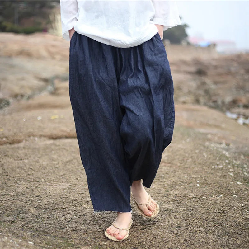 Johnature 2025 New Women Dark Blue Jeans Mid Elastic Waist Pants Summer Solid Color Loose Vintage Ankle-Length Pants
