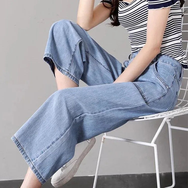 High Waist Straight Leg Jeans Women's Summer Thin Wide Leg Pants Loose Fit 9-Piece Blue Cotton Stretch Denim Small Size