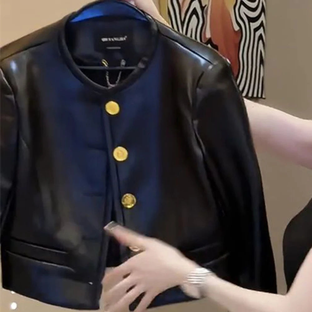 2025 autumn new fashion leather U coat women's high-end heavy industry metal buckle lapel thin short leather jacket