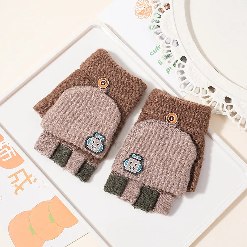 Children's Warm Gloves for Boys and Girls Cartoon Cute Half Finger Knitted Winter Flip Cover Baby Thick Cold Proof Five Fingers