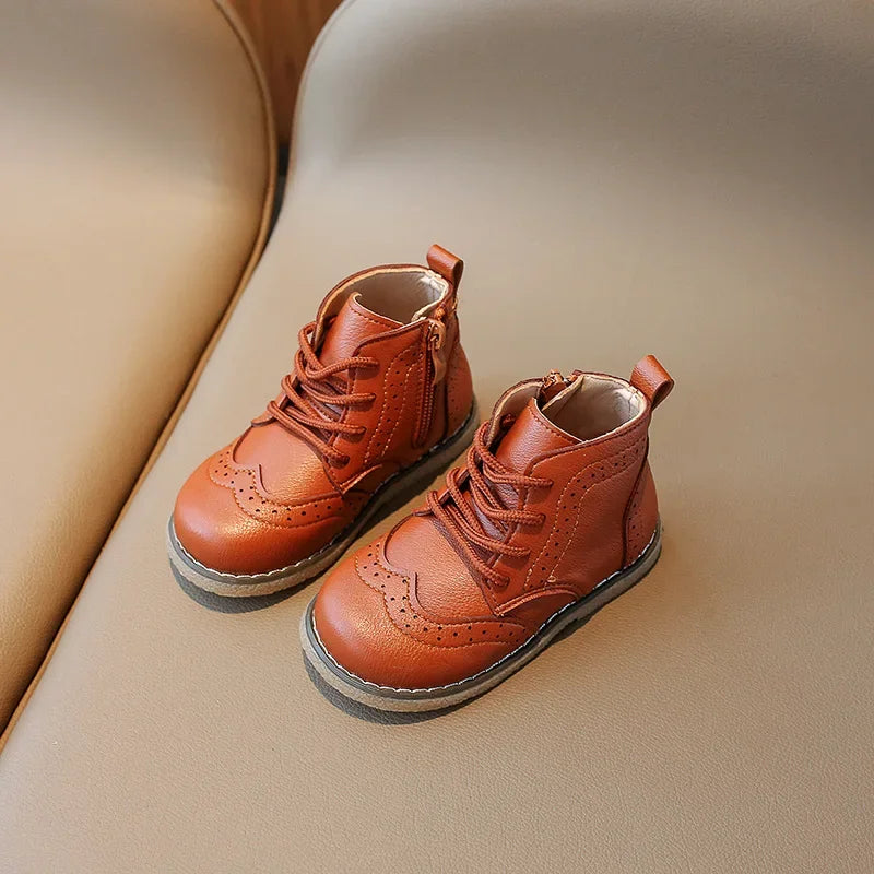 Children Boots 2025 Autumn Kids Soft PU Leather Boots Brogue Style Lace-up Side Zip 1-6 Years Girls Boys Ankle Boots Brown,Black