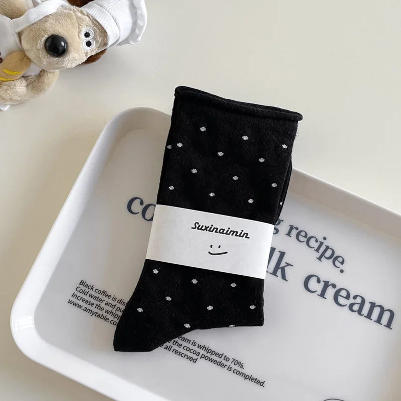 Women's spring summer thin vintage cream curled-edge women's socks polka dot mid-tube socks artistic socks women