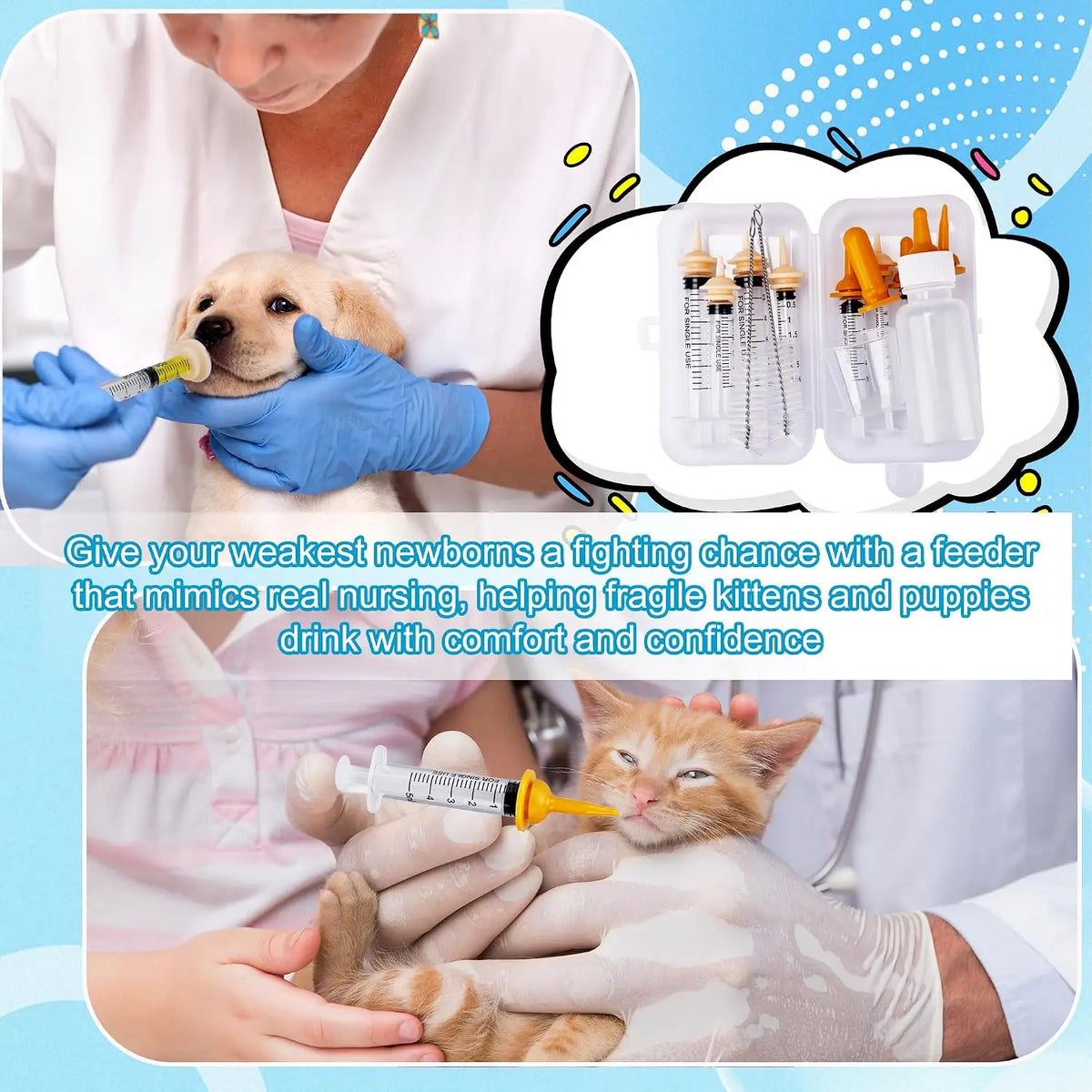 23 pet feeding sets: contains 50 ml bottle and syringe, nipple, measuring cup, cleaning brush, suitable for puppies and kittens