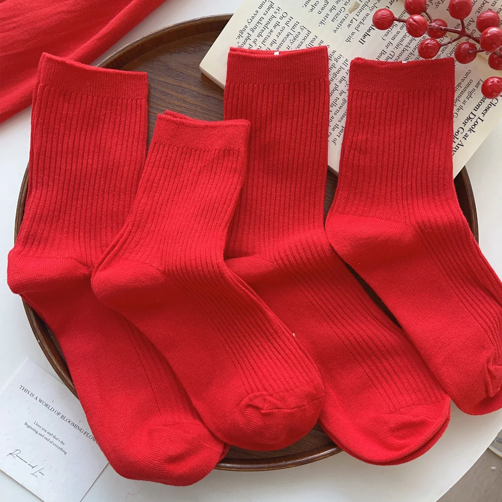 Men Women Socks Red New Year Cotton Socks Breathable Sports Comfortable Solid Color Cotton Festival Casual Lucky Red Floor Socks
