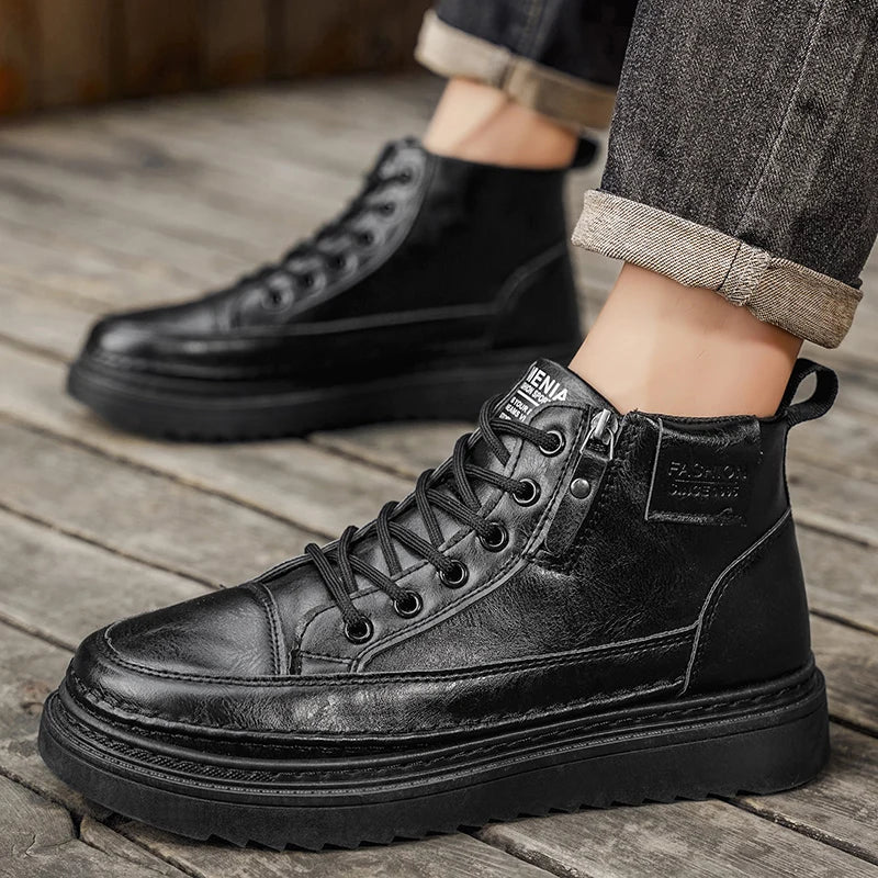 Men Boots Autumn Leather Waterproof Mid-top Sports Shoes New Fashion Ankle Boots Casual Outdoor Hiking Boots Shoes Male Sneakers