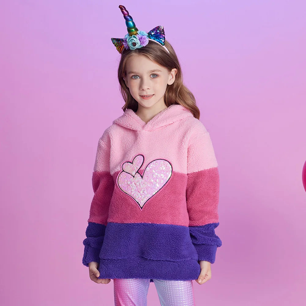 VIKITA Kids Fleece Hoodies Girls Autumn Winter Heart Sequined Hooded Sweatshirt Girls Striped Hoodies Outwear Coat Kids Clothes