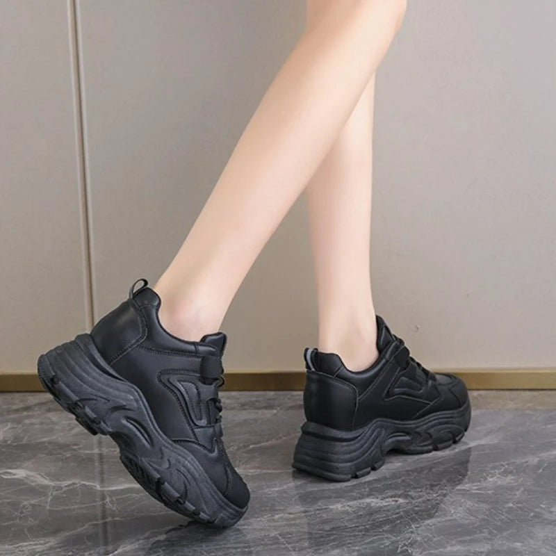 Women's Sneakers White Platform Shoes 2025 Lace-Up Thick Bottom Vulcanize Shoes Solid Color Casual Shoe Pu Leather Women Shoes