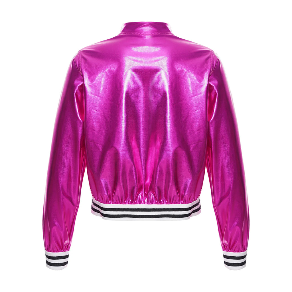 Kids Girls Shiny Sequins Hip Hop Jazz Dance Jacket Long Sleeve Zipper Bomber Coat Outerwear Disco Stage Performance Streetwear