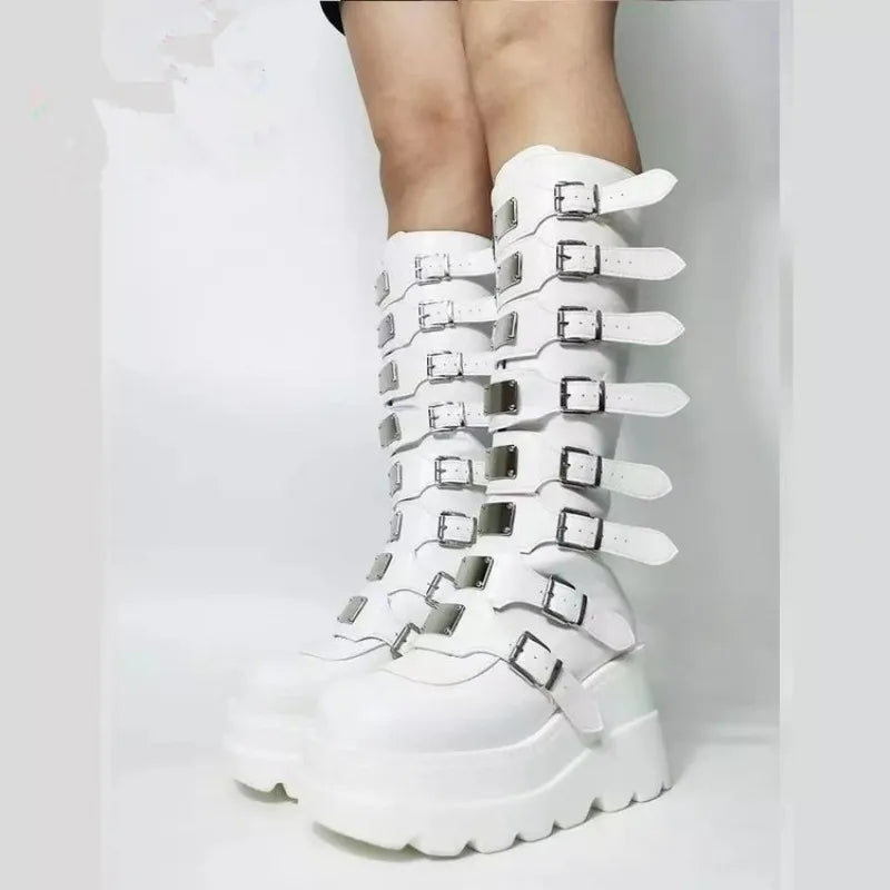 Women Boots Platform Long Boots Sexy Punk Black Motorcycles Boots Round Toe Knee High Boot Gothic Shoes Metal Buckle Women Shoes