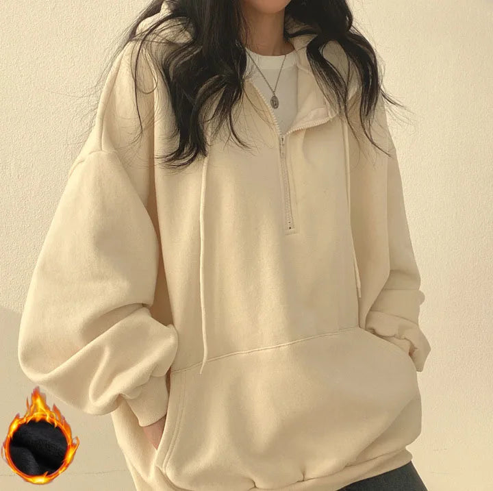 Women Hoodie Harajuku Loose Oversized Solid Color Top Half Zip Up Sweatshirt Female Casual Long Sleeve Pocket Hooded Coats 2025