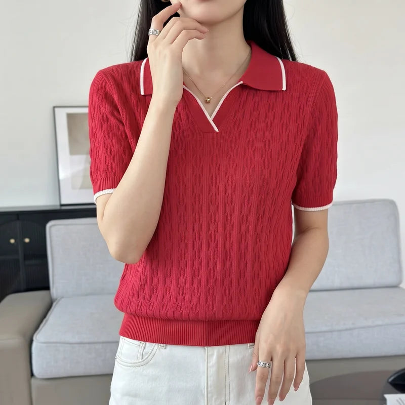 WinvyNee Spring Summer Women Cotton Polo V Collar Sweater Knitted Top Green Solid Short Sleeve Casual Pullover T-Shirt ZA1002042