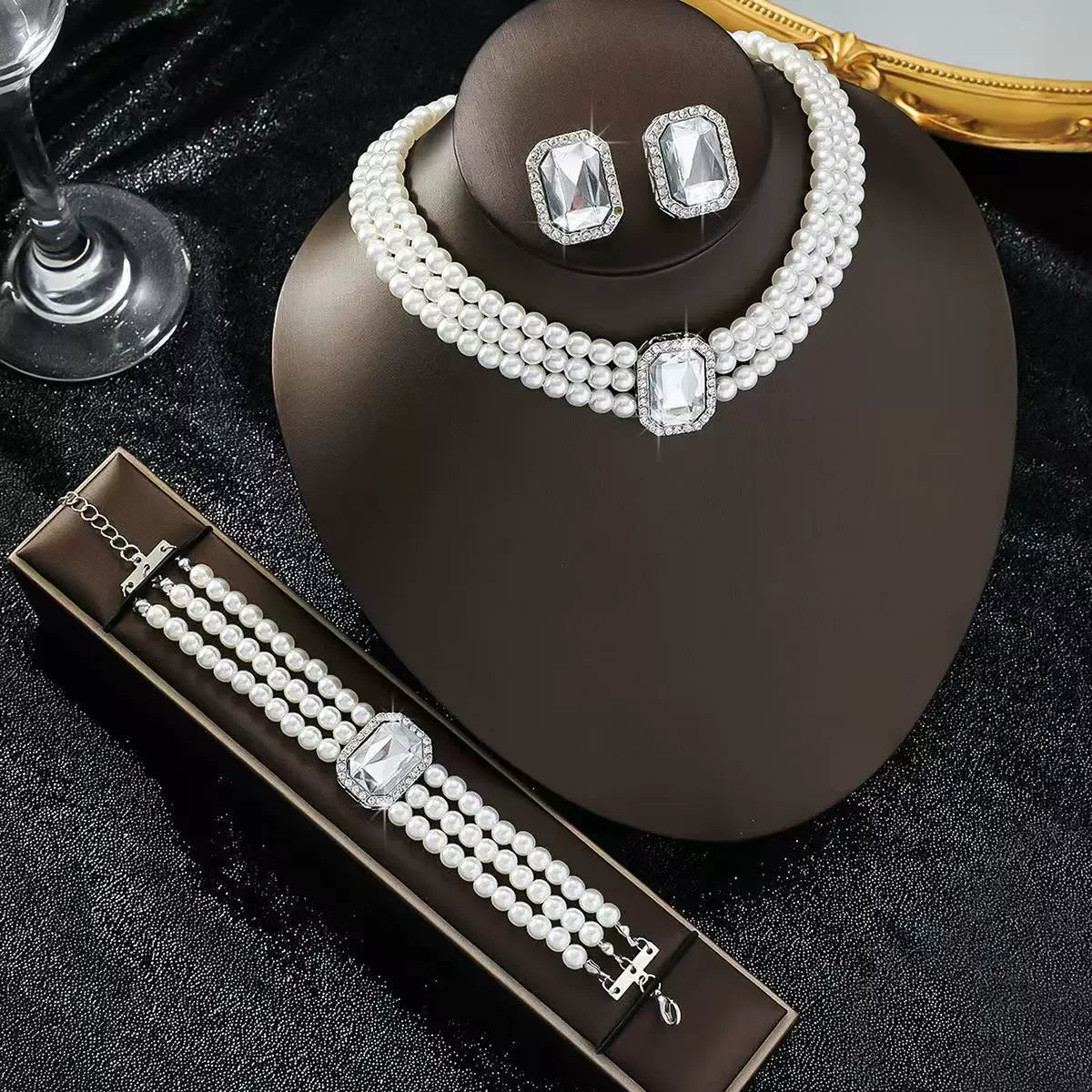 White Pearl Jewelry Set For Women Bridal Crystals Necklace Bracelet Earring Wedding Party Jewelry Sets