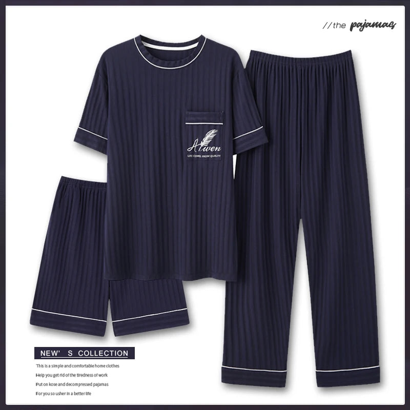 Men's Fashion Summer 3-Piece Pajamas Set Short Sleeve round Collar Cotton Homewear plus Size 5XL Shorts Loungewear Pijamas