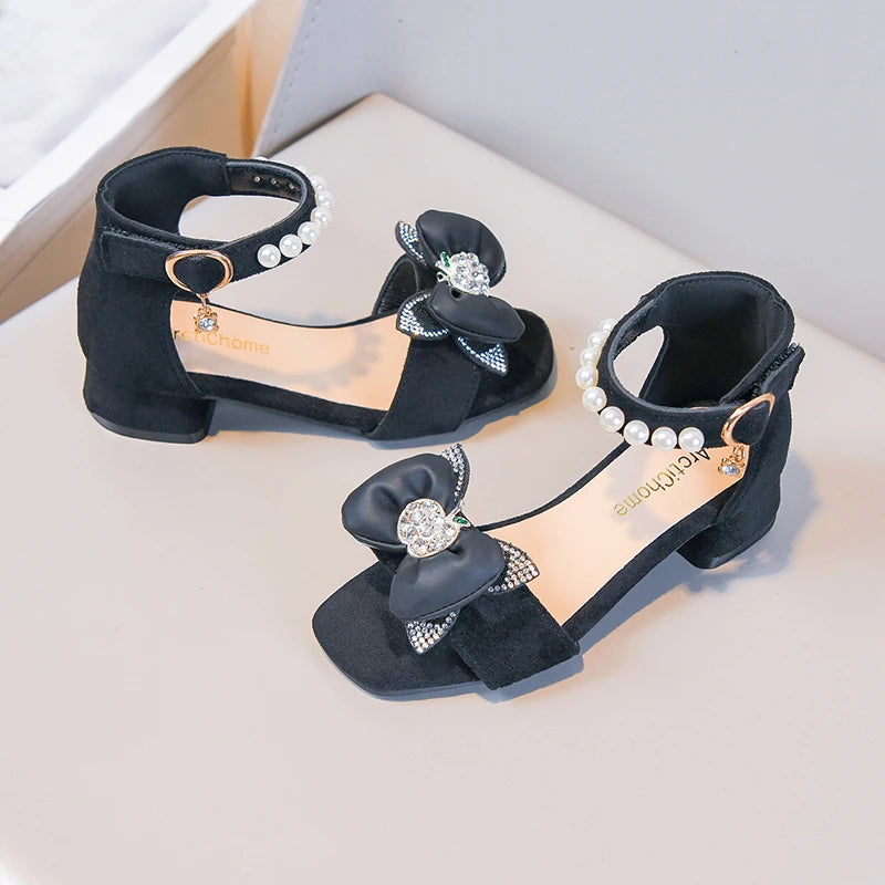 Little Girls High Heels Sandals with Shiny Beaded Bow 2026 New Summer Kids Dress Shoes Comfort Trendy School Dances Shoes Age5-8
