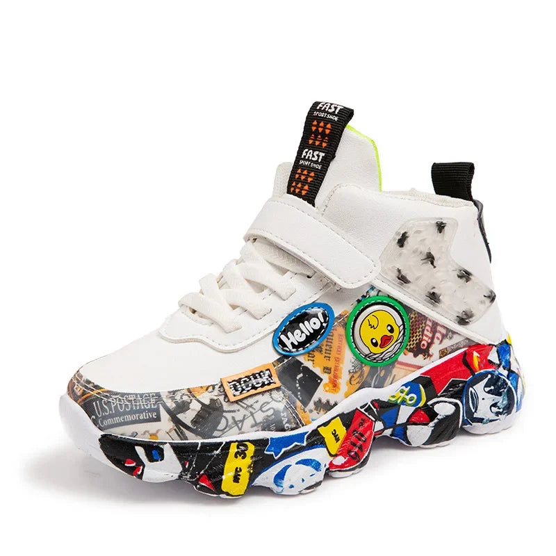 Size 26-37 Children Sports Sneakers for Girls Kid Cartoon Graffiti Pattern Casual Shoes Boys Basketball Shoe Chaussures De Sport