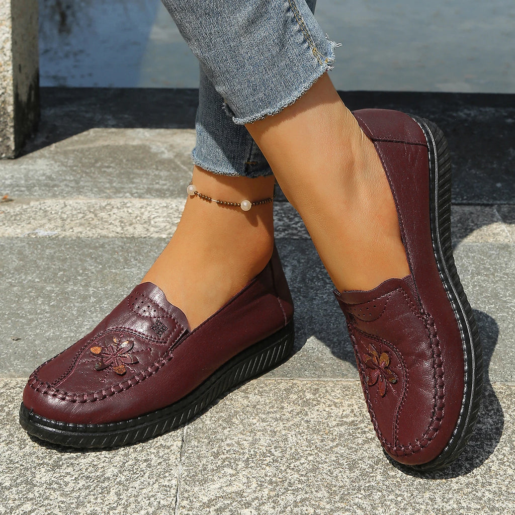 Women's Floral Slip-On Loafer Flats, Faux Leather Upper with Hand Stitching Details, Low Wedge Walking Shoes for Mature Ladies