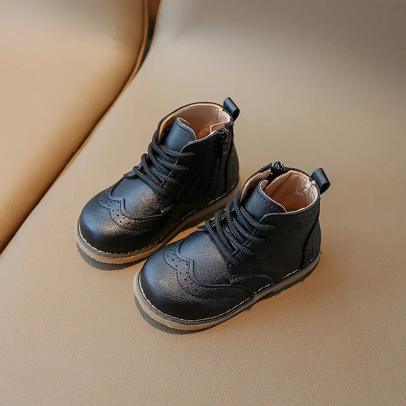 Children Boots 2025 Autumn Kids Soft PU Leather Boots Brogue Style Lace-up Side Zip 1-6 Years Girls Boys Ankle Boots Brown,Black