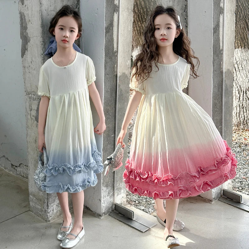 Kids Children Fashion Summer Tie Dye Dress with Ruffles for Girls Casual Tiedye Wedding Dress Size 5 6 7 8 9 10 11 12 13 14