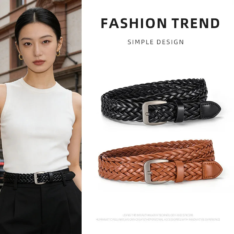 SimpleTrendy Braided Women’s Belt  Minimalist Retro Slim Waist Belt Casual and Versatile Jeans Belts with Buckle for Women