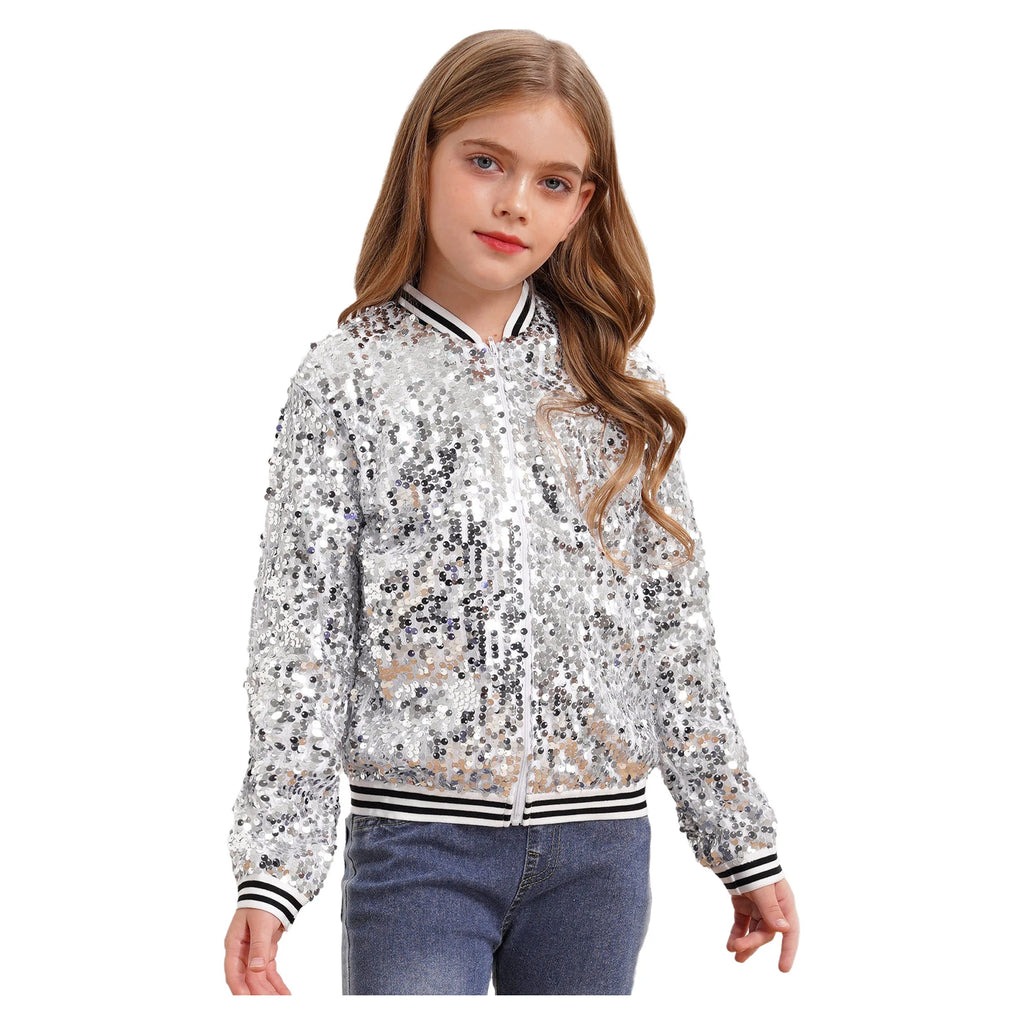 Kids Girls Sequin Jackets 6-16 Children Baseball Coat Outerwear Disco Performance Jazz Dance Costume Party Fashion Streetwear
