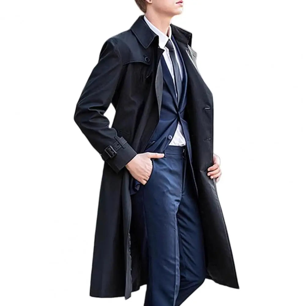Men Windbreaker Coat Lapel Long Sleeve Double Breasted Mid-Length Trench Solid Color Casual Business Outerwear