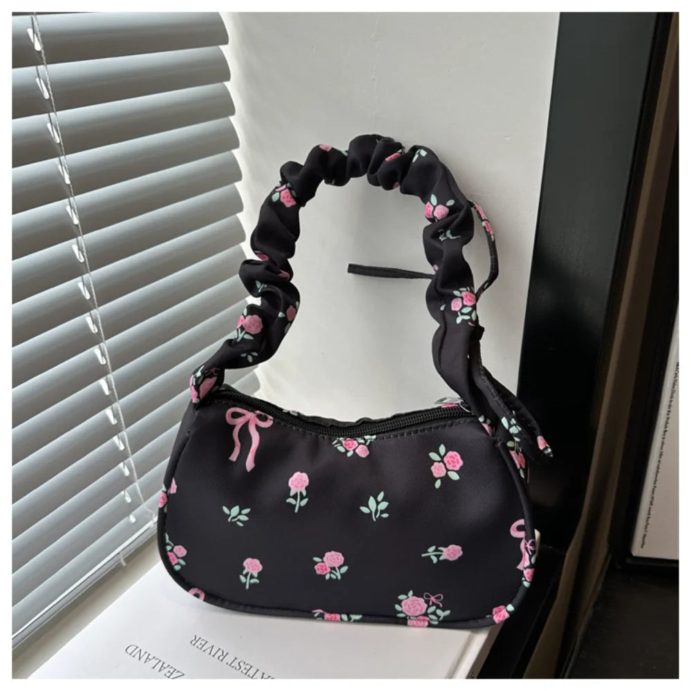 New Drawstring Aesthetic Floral Bag Large Capacity Pleated Strap Underarm Bag Adjustable Strap Zipper Closure Chic Hobo Bag