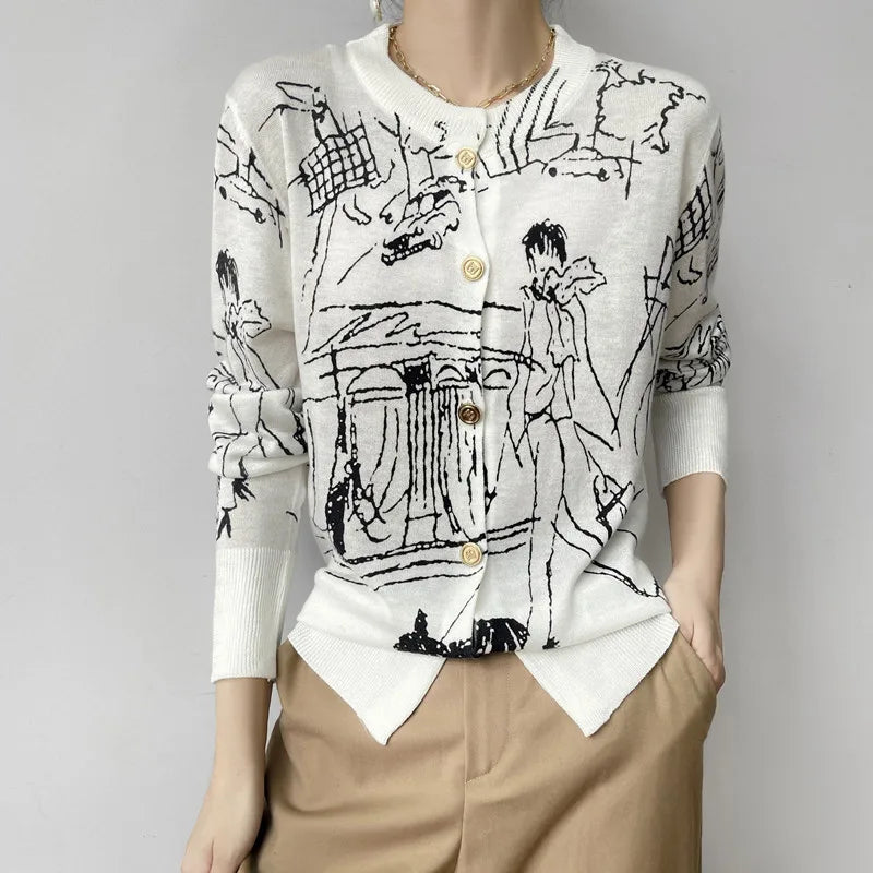 Summer Trendy Fine Imitation Wool Knitted T-Shirt Women's Short-Sleeved Top Graffiti Digital Jacquard Pullover Ladies Sweater