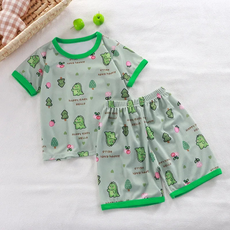 2024 New Boys Girls Summer Thin Clothing Sets Kids Cute Cartoon Print Short Sleeve T-Shirt Tops with Shorts Toddler Baby Pajamas