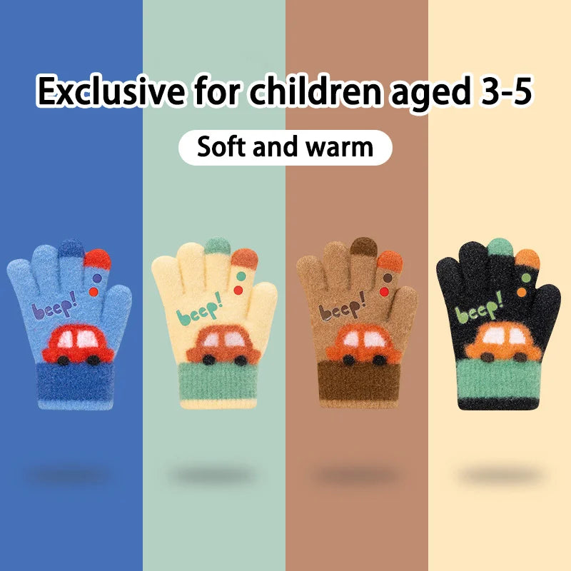 Kids Winter Gloves 3-7 Years Old Thick Warm Knitted Cartoon Car Design Five Finger Cold Proof for Boys Girls Kindergarten